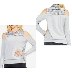 Two by Vince Camuto Cold Shoulder Sweatshirt with sewn Plaid Collar. Wrist Ties